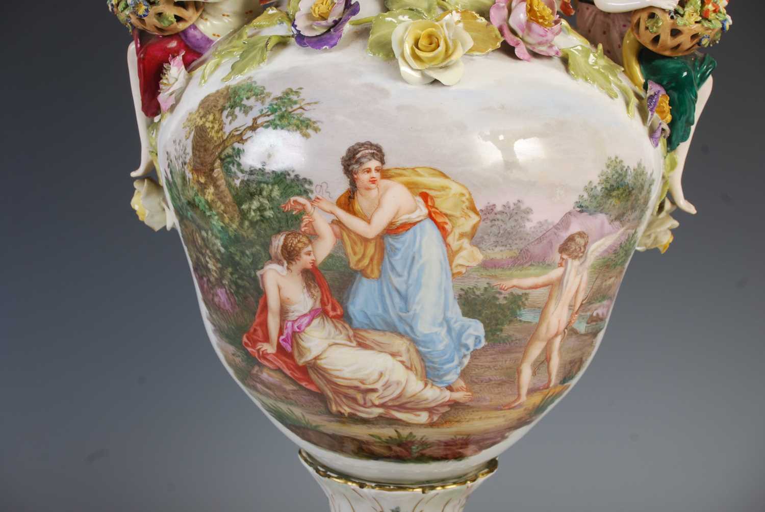 A late 19th / early 20th century Dresden porcelain urn, cover and stand, the urn decorated with - Image 3 of 11