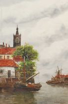 Jan van Couver (Dutch 1836-1909) Canal scene with chapel spire and another, canal scene with