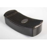 A pressed leather curved oblong snuff box with integral hinge, impressed woven design within key