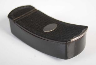 A pressed leather curved oblong snuff box with integral hinge, impressed woven design within key