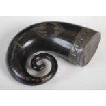 A pewter snuff mull in the form of a ‘curly horn’ with black lacquer surface and bright-cut