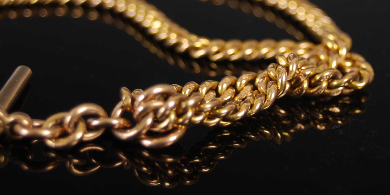 A 9ct gold curb link Albert chain with T-bar suspension, 38cm long, 30.8 grams. - Image 2 of 3