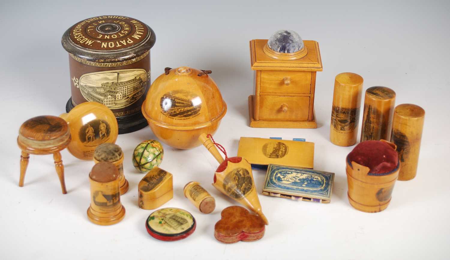 A collection of Mauchline Ware sewing related items, to include a needle case 'Cabourg, La Plage'; a