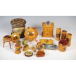 A collection of Mauchline Ware sewing related items, to include a needle case 'Cabourg, La Plage'; a