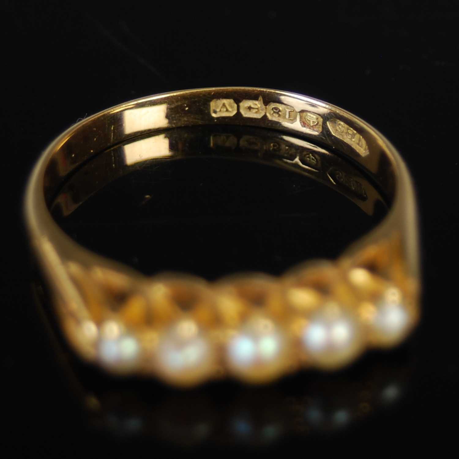 An 18ct gold and pearl five stone ring, size 'S', gross weight 4.2 grams, together with two other - Image 4 of 5