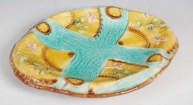 A Victorian Majolica pottery Aesthetic ‘bird and fan’ pattern oval dish, with yellow fans on a