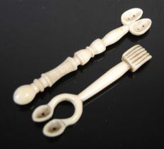 Two unusual Scottish bone double snuff spoons; one with carved and part-reeded baluster stem; the