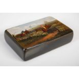 A Mauchline ware oblong snuff box, the hinged cover finely painted with a point-to-point racing