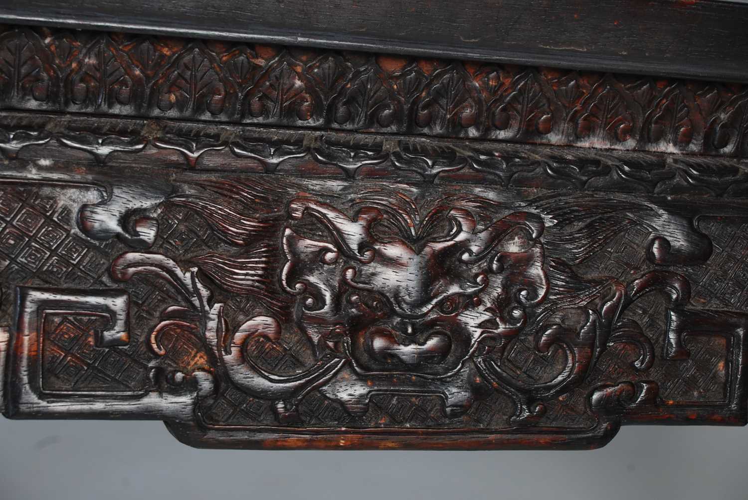 A Chinese dark wood and hardstone decorated scroll table, late 19th/ early 20th century, the - Image 6 of 7