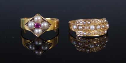 A 15ct gold and split pearl dress ring, size 'N', gross weight 1.8 grams, together with another