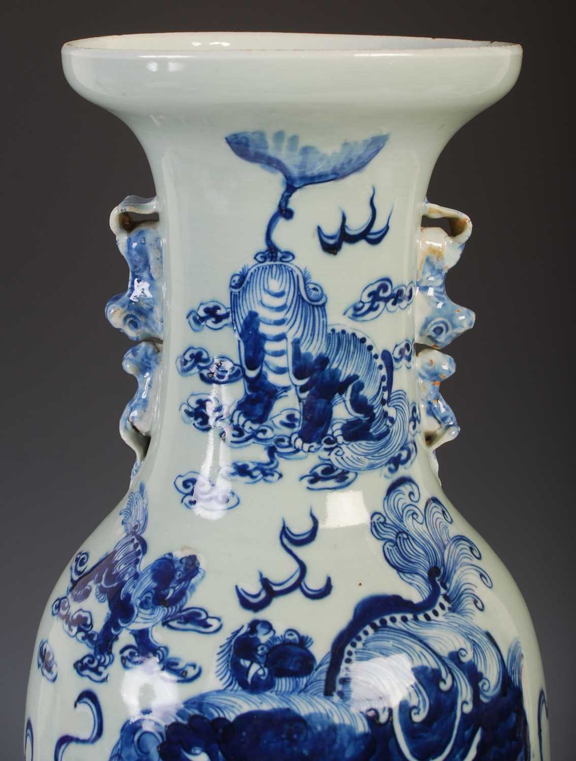 A large Chinese porcelain celadon ground vase, Qing Dynasty, decorated with shishi and five cubs, - Image 2 of 8