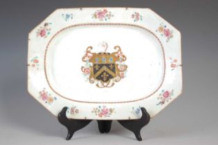 A Chinese porcelain famille rose Export Armorial octagonal shaped dish, Qing Dynasty, the gilded and