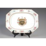 A Chinese porcelain famille rose Export Armorial octagonal shaped dish, Qing Dynasty, the gilded and