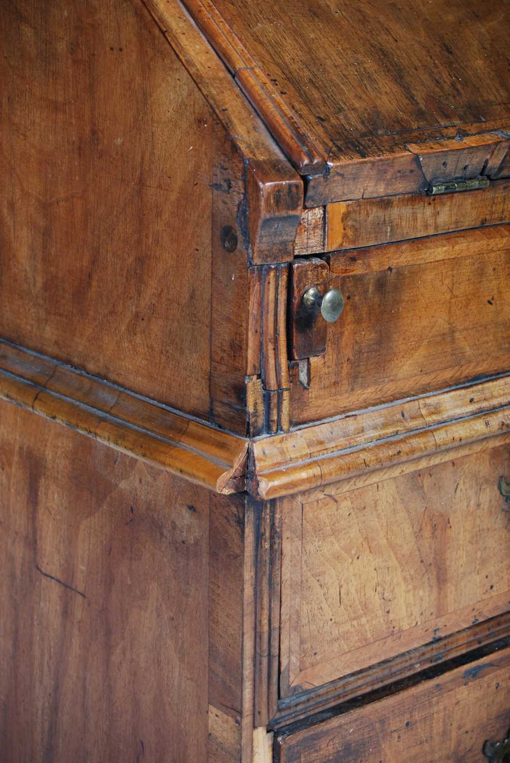 A George II walnut bureau, the rectangular fall-front opening and resting on loppers, to a fitted - Image 4 of 13