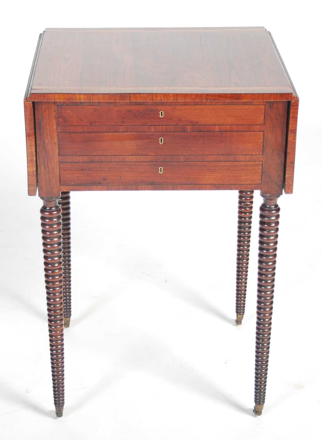 A Regency kingwood and satinwood banded drop-leaf side table, the rectangular top with twin drop- - Image 7 of 8