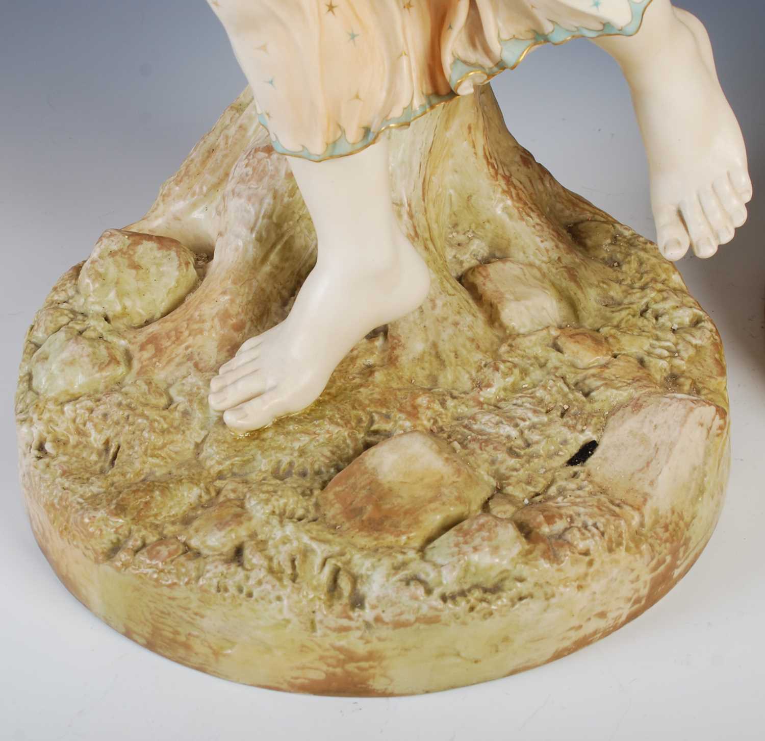 A large pair of Royal Worcester female tambourine players, modelled by James Hadley, with red, green - Image 4 of 8