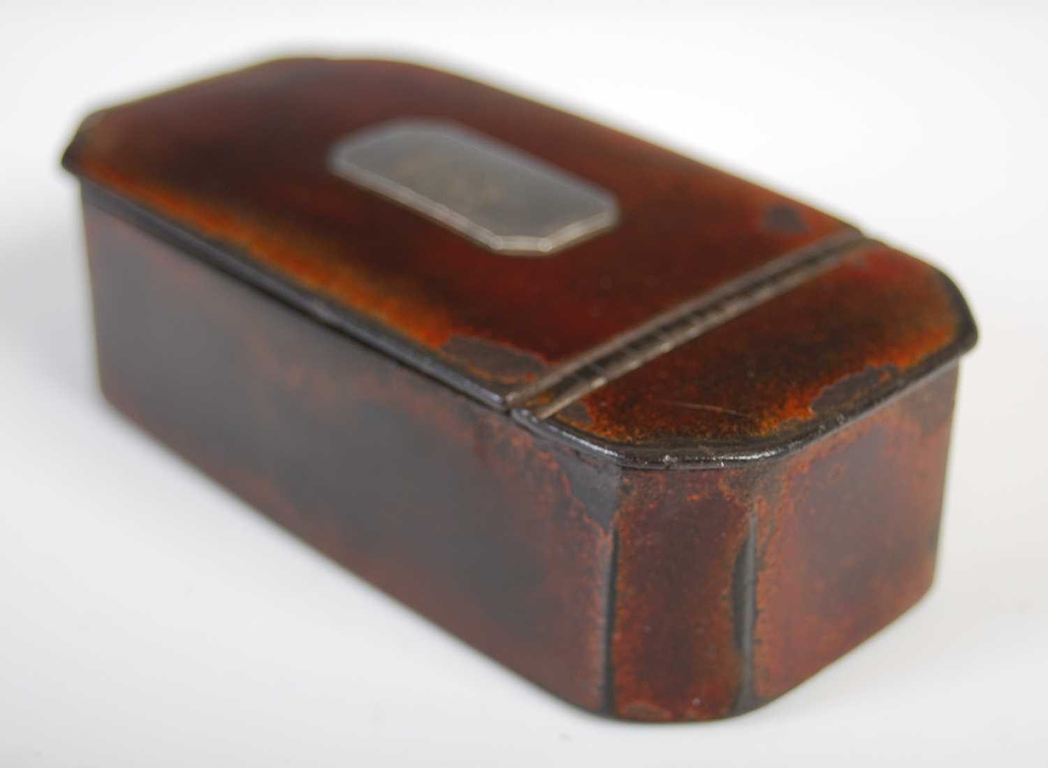 A Scottish leather cut-cornered oblong snuff box with integral leather hinge, silver plaque engraved - Image 2 of 5