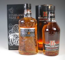 Two boxed bottles of Highland Park 12yr old single malt Scotch whisky, comprising boxed Viking