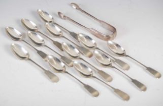 A set of twelve Victorian silver teaspoons and a pair of sugar tongs, Edinburgh, 1837, makers mark