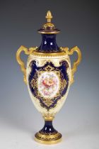 A late 19th/ early 20th century Coalport twin handled urn and cover, decorated with a hand-painted
