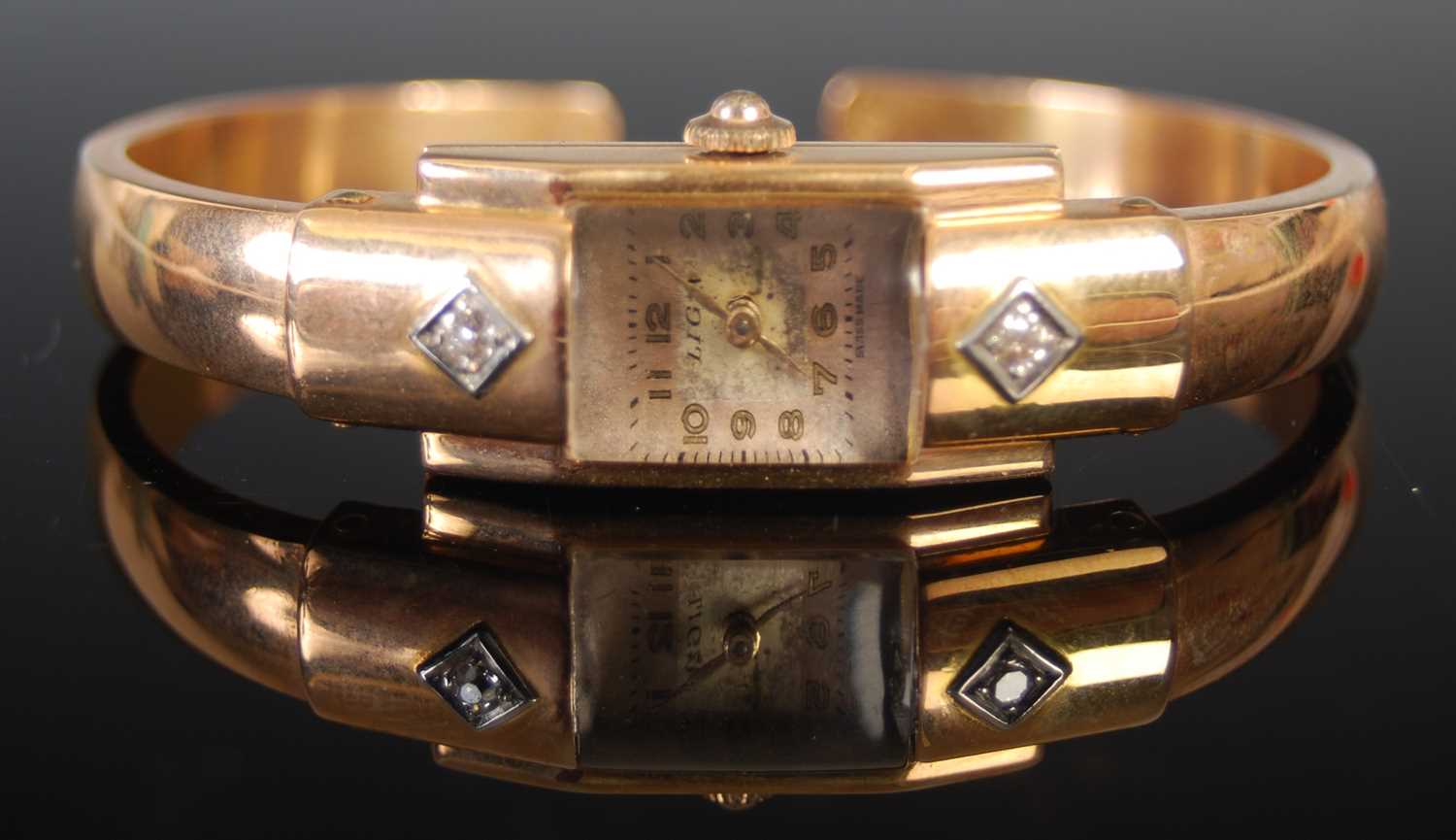 A vintage ladies yellow metal and diamond set Liga bangle watch, the rectangular dial with Arabic - Image 2 of 4