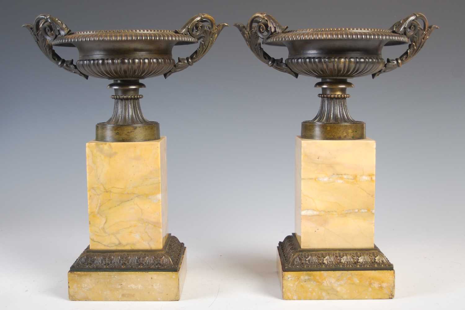 A pair of late 19th century Grand Tour bronze and sienna marble tazza, 30cm high x 23cm wide. - Image 5 of 6