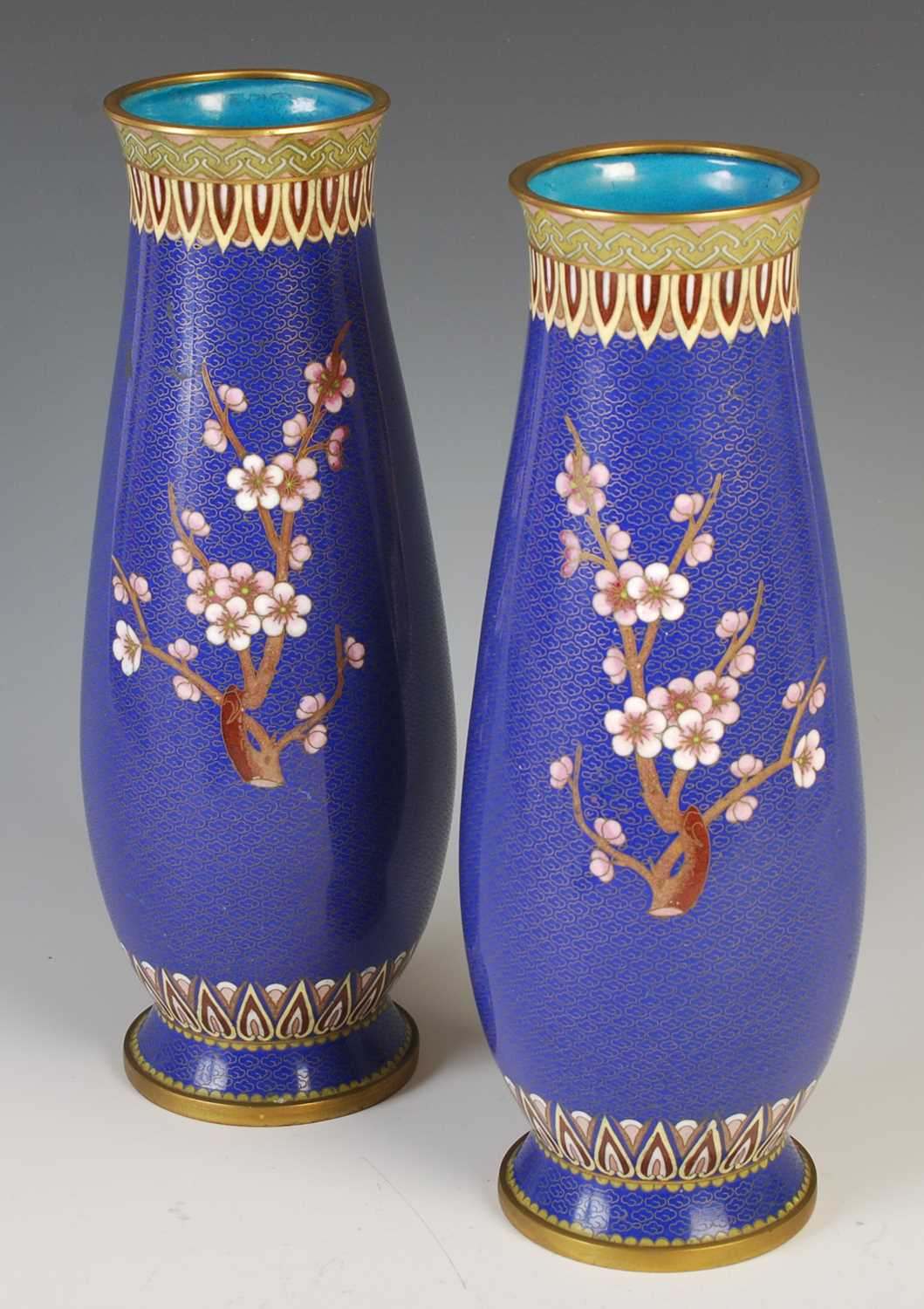 A pair of Chinese blue ground cloisonne vases, late 19th / early 20th century, decorated with a pair - Image 2 of 6