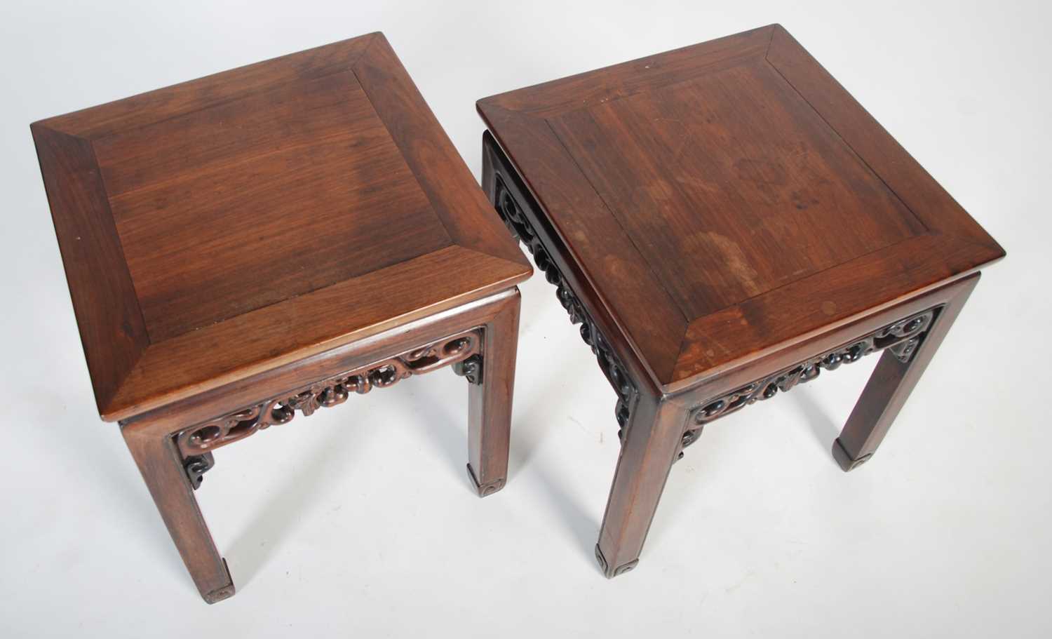 A pair of Chinese dark wood square occasional tables, late Qing Dynasty, the square panelled tops - Image 2 of 6