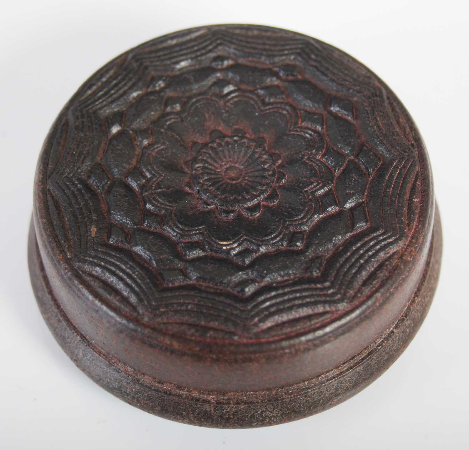 A pressed leather circular snuff box, the detachable cover and base with central rosette and - Image 2 of 3