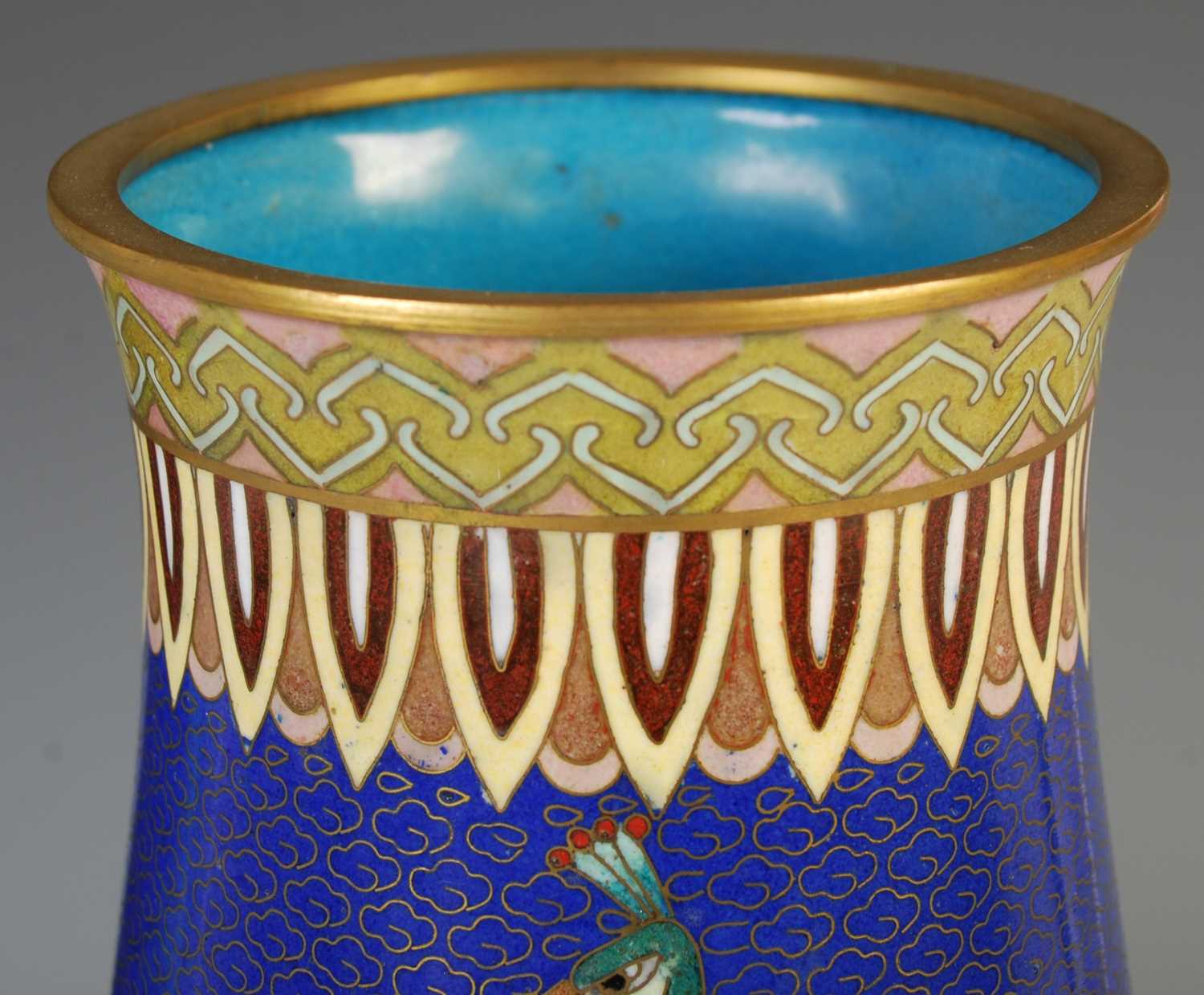 A pair of Chinese blue ground cloisonne vases, late 19th / early 20th century, decorated with a pair - Image 3 of 6