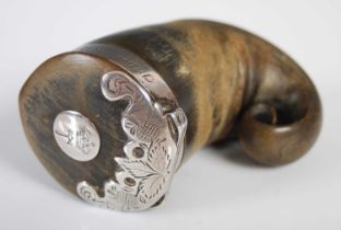 A Scottish small curly horn snuff mull with silver mounts, the collar inscribed ‘1st Decr. 1841