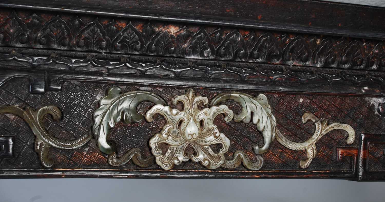 A Chinese dark wood and hardstone decorated scroll table, late 19th/ early 20th century, the - Image 5 of 7