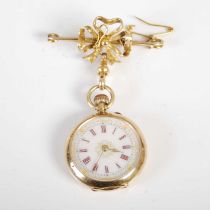 A late 19th / early 20th century yellow metal fob watch, the white, red and black Roman numeral dial