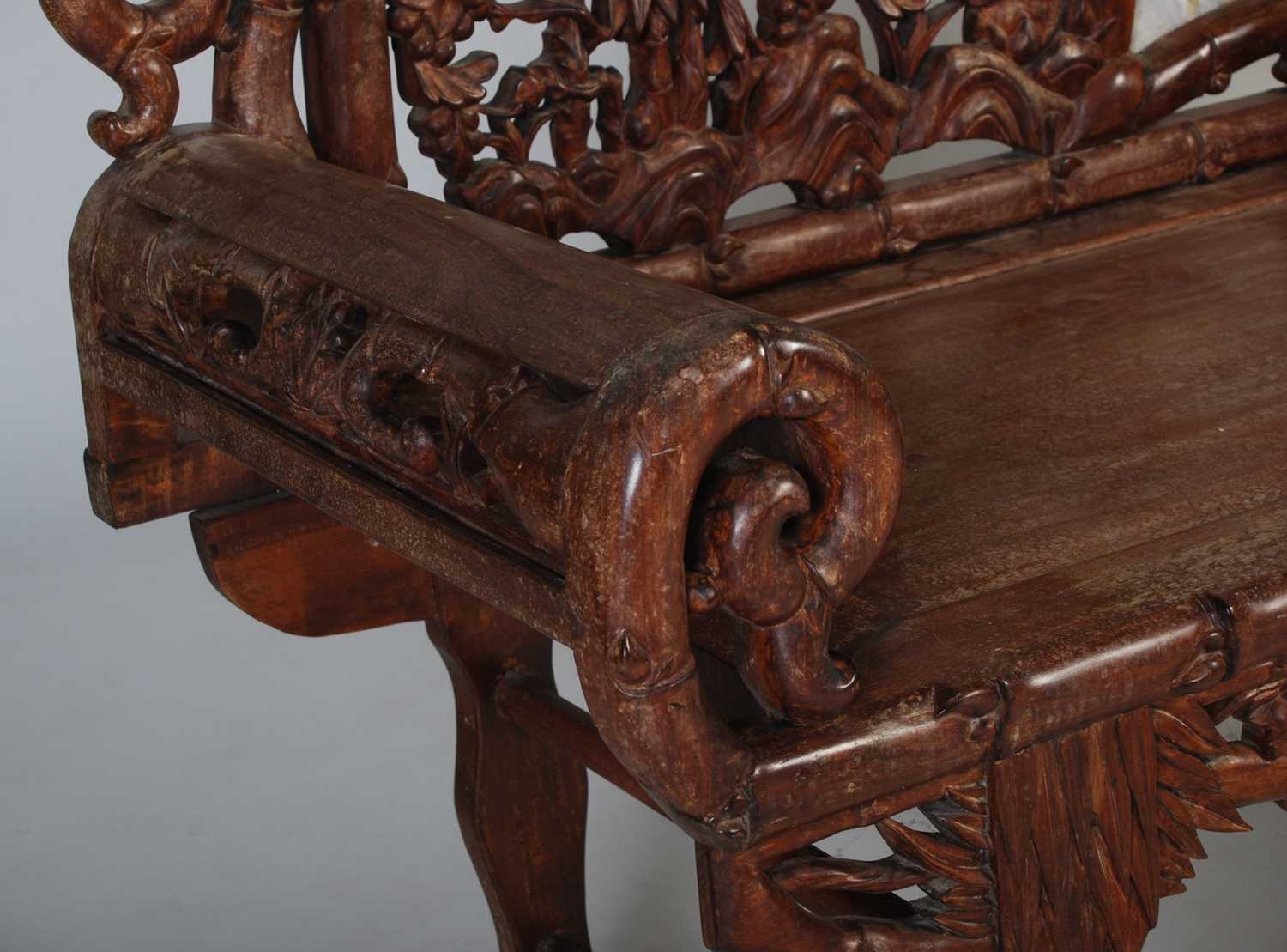 A Chinese dark wood and marble high-backed bench, late 19th/ early 20th century, the upright back - Image 3 of 8