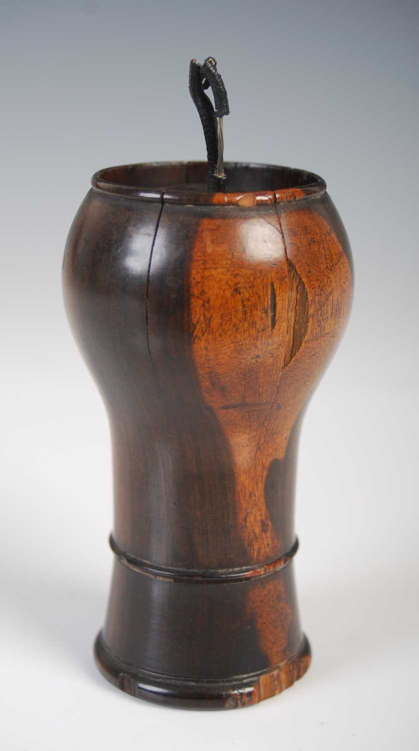 A Scottish tall baluster laburnum snuff mull, the pull-off lid with leather loop handle and vellum