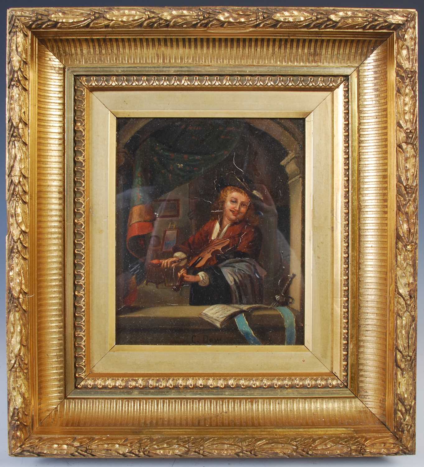 G. Dow (late 19th/ early 20th century) The Violinist and another, The Scholar, a pair oils, signed - Image 2 of 8