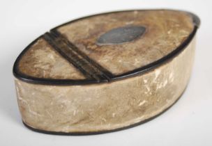 A leather navette-shaped snuff box, with three-quarter leather integral hinge and silver oval plaque