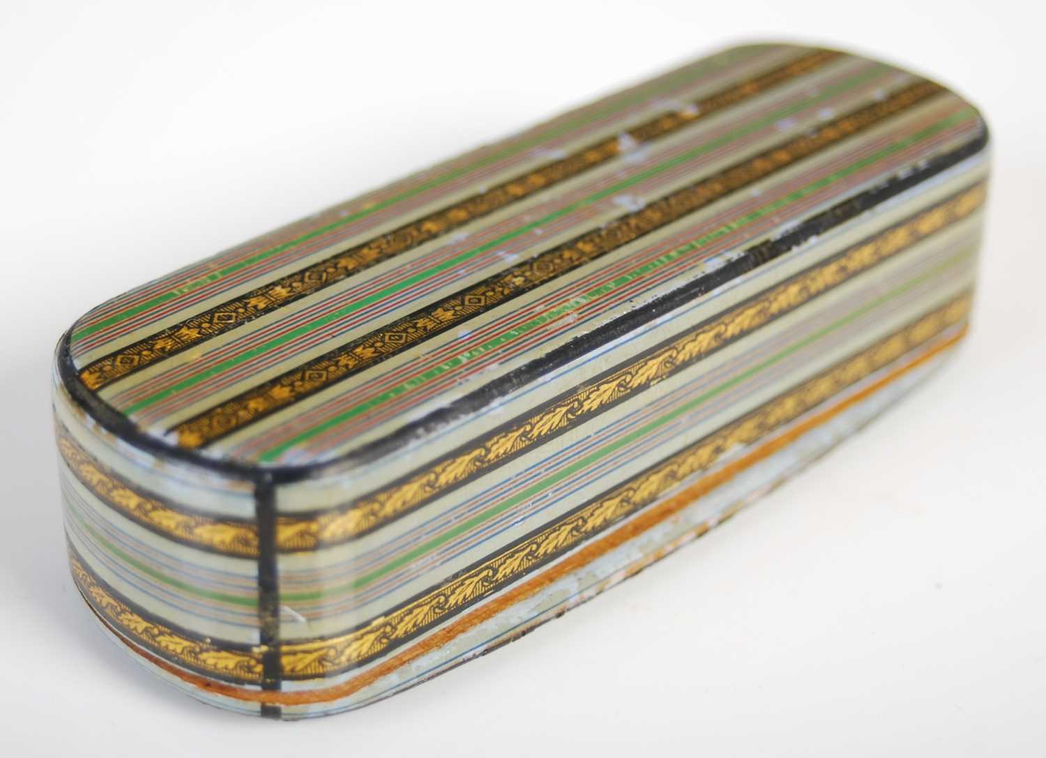A Mauchline ware curved oblong snuff box, decorated overall with green, red and blue stripes - Image 2 of 3