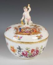 A Berlin porcelain tureen and cover, the bowl with moulded basket weave around the rim and painted