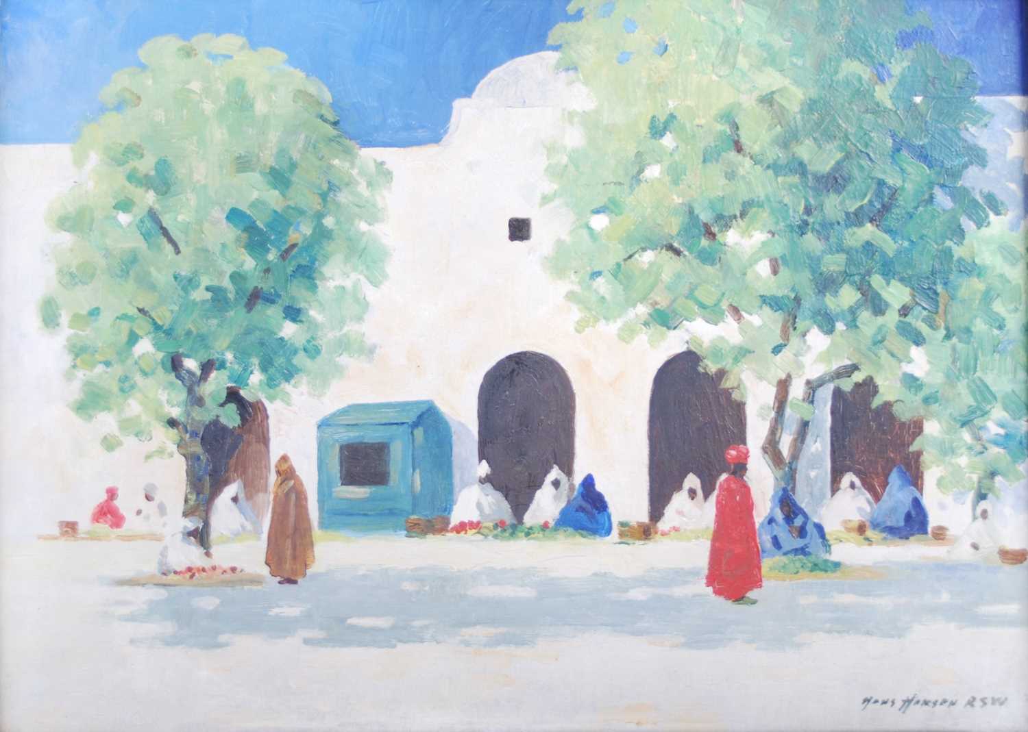 Hans Jacob Hansen RSW (1853-1947) North African street scene with figures taking shade oil on panel,