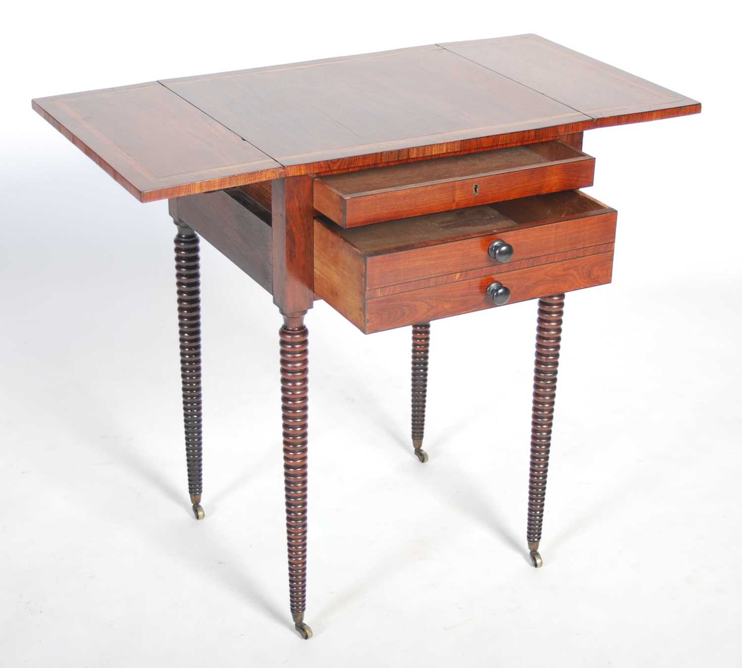 A Regency kingwood and satinwood banded drop-leaf side table, the rectangular top with twin drop- - Image 5 of 8