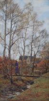 Alexander Kellock Brown RSA RSW RI (1849-1922) Autumnal landscape with girl walking on a bridge