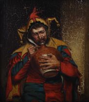 Late 19th century British School Portrait of a jester drinking from a flagon oil on canvas 19cm x