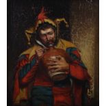 Late 19th century British School Portrait of a jester drinking from a flagon oil on canvas 19cm x
