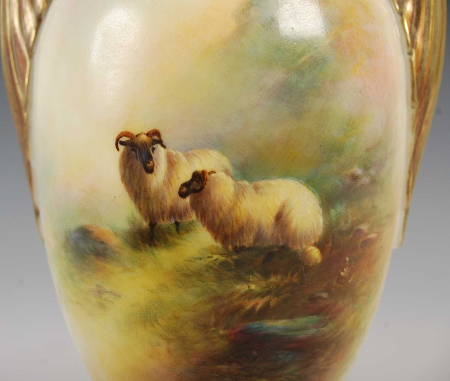 A Royal Worcester twin-handled urn, dated 1912, with hand-painted of two sheep grazing in a mossy - Image 4 of 6