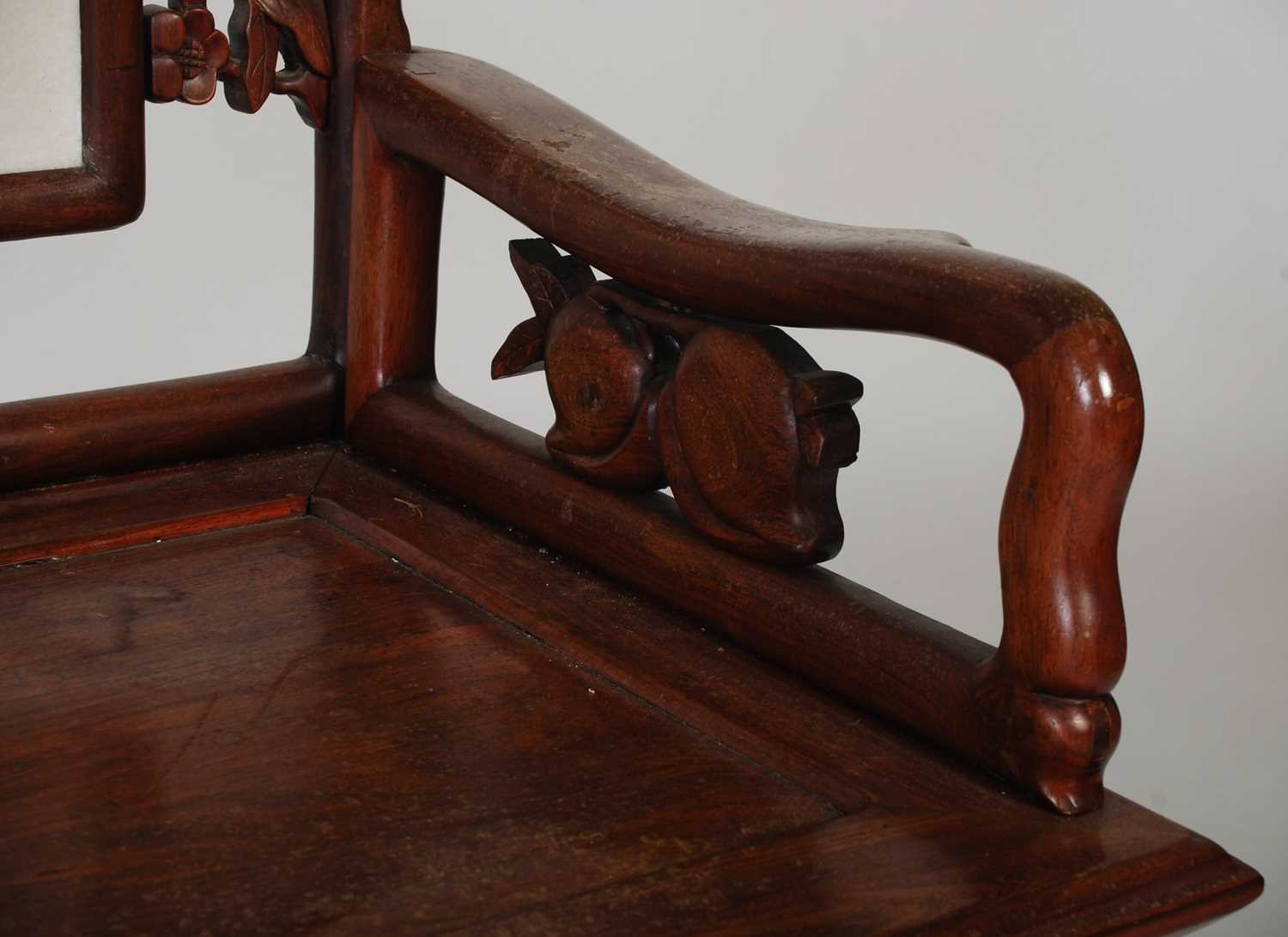 A Chinese dark wood and marble bench, late 19th/ early 20th century, the upright back centred with a - Image 5 of 6