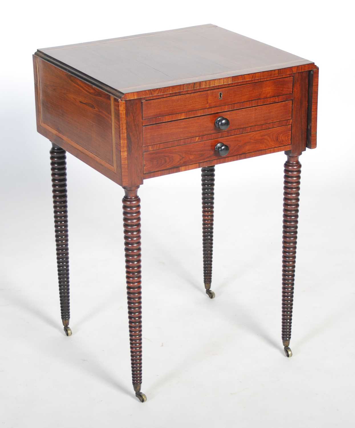 A Regency kingwood and satinwood banded drop-leaf side table, the rectangular top with twin drop-