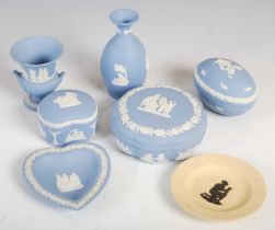 A collection of Wedgwood Jasperware, to include six blue ground items, shaped circular box and