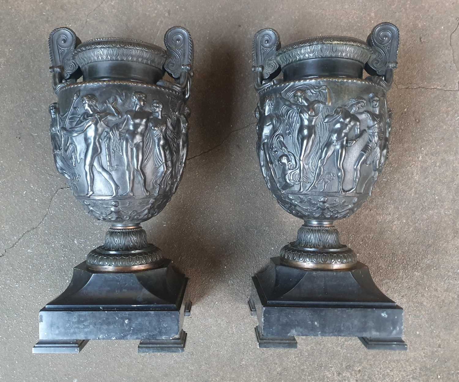 A pair of French bronze classical urns, after the Antique, based on the Townley vase, cast in relief - Image 3 of 4