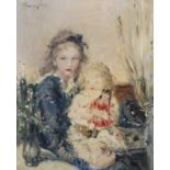 Early 20th century European School Portrait of two sisters oil on canvas, indistinctly signed